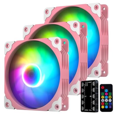 Vetroo 3-Pack Computer Case Fans 120mm Address RGB & PWM Cooling Fans High Performance with Controller Hub – Pink