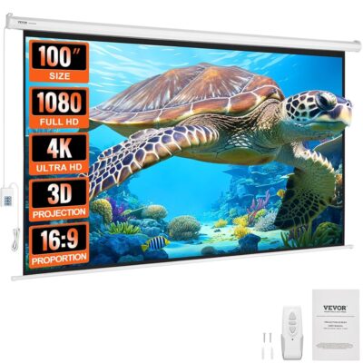 VEVOR Motorized Projector Screen, 100 inch 16:9 4K 1080 HD Electric Projector Screen, Automatic Projection Screen with Remote Control, Wall Mount Movie Screen for Family Home…