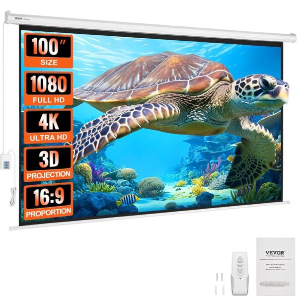 VEVOR Motorized Projector Screen, 100 inch 16:9 4K 1080 HD Electric Projector Screen, Automatic Projection Screen with Remote Control, Wall Mount Movie Screen for Family Home...