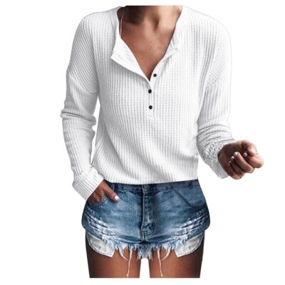 Waffle Knit Tops for Women 2024 Fall Fashion V Neck Button Up Long Sleeve Shirts Casual Loose Tunic Blouses Pullover