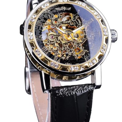 Winner Retro Manual Mechanical Skeleton Watch with Diamond and Carving Flower Craft Men Skeleton Wrist Watch Mechanical Classic Roman Number