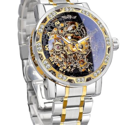 Winner Retro Manual Mechanical Skeleton Watch with Diamond and Carving Flower Craft Men Skeleton Wrist Watch Mechanical Classic Roman Number