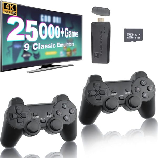 Wireless Retro Game Console, Nostalgia Stick Game, 25,000+ Games & 9 Emulators Built in, Plug and Play Video Games for Tv 4K HDMI (64G)