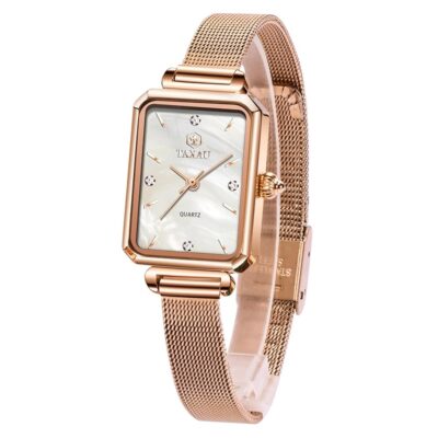 Women’s Casual Watch, Rose Gold Tone Mesh Bracelet Stainless Steel Square Dress Watches for Women, Fashion Business Analog Quartz Ladies Small Wrist Watch