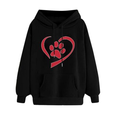 Womens Cute Hoodies Love Heart Dog Paw Print Sweatshirts Fleece Lined Long Sleeve Pullover Tops Comfy Casual Blouse