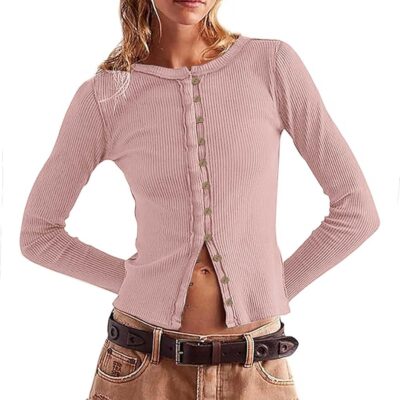 Womens Open Front Button Up Cropped Cardigan Ribbed Knit Long Sleeve Shirt Casual Solid Crop Top Cardigan Sweaters