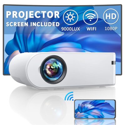 YABER Mini Projector with Screen, 1080P Full HD 9000L Outdoor Movie Projector, Portable WiFi Projector Compatible with TV Stick/iOS/Android/TV Stick/PC/PS5, for Home Theater &…