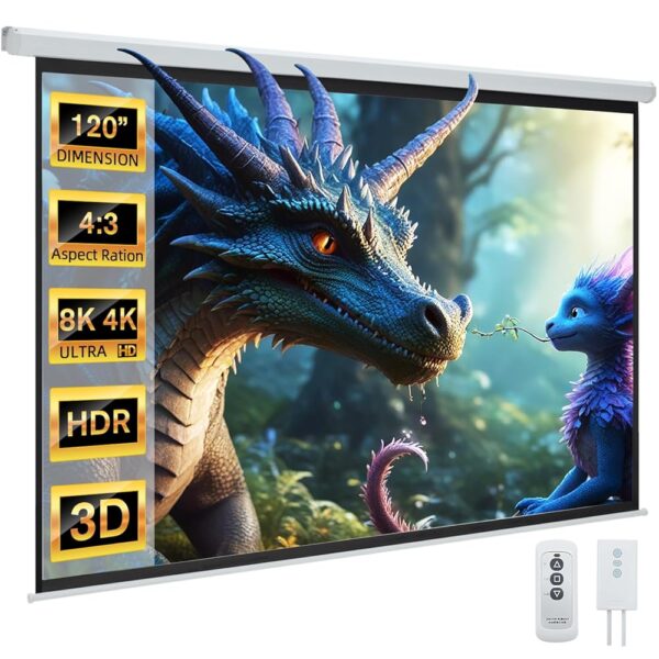 YODOLLA 120 inch Projector Screen Motorized,4:3 HD Retractable Electric Projector Screen 4K 3D Wall Mounted Ceiling Automatic Projection Screen Drop Down with Remote Movie...