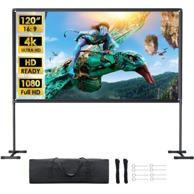 YOWHICK Projector Screen with Stand 120 inch Outdoor Indoor Projection Screen, Foldable Portable HD 4K Double Sided Projection Screen with Carry Bag and Sturdy Frame